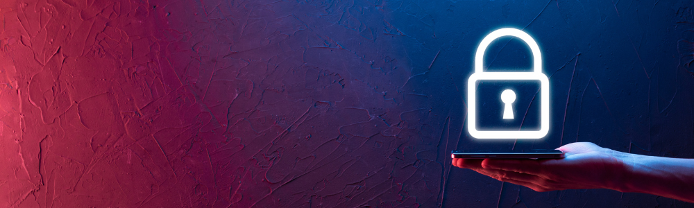 Hand holding a smartphone with glowing lock icon representing mobile cybersecurity, secure access control, and data protection for enterprise applications, highlighting identity security and protection against unauthorized access in digital environments.