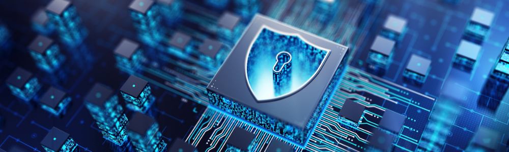 Advanced cybersecurity microchip with shield and lock icon on a digital circuit board, representing secure network infrastructure, data protection, and enterprise cloud security solutions for modern IT environments.