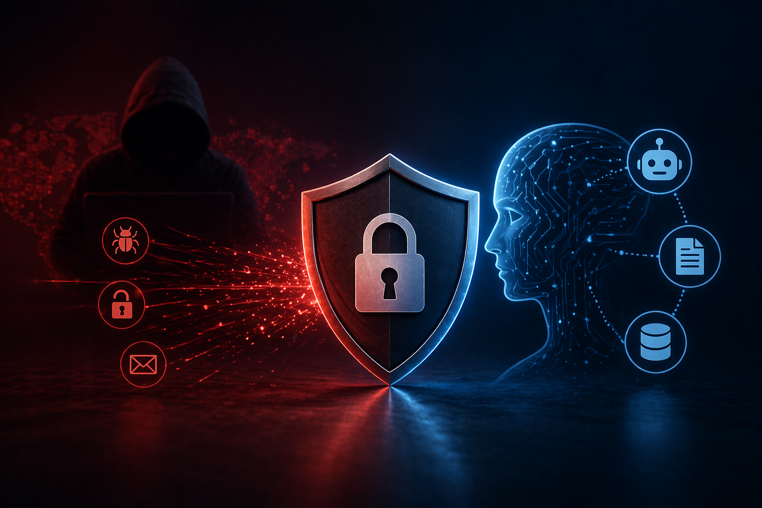 Cybersecurity concept showing hacker threats and AI systems around a shield, representing protection against exploits and shadow AI risks