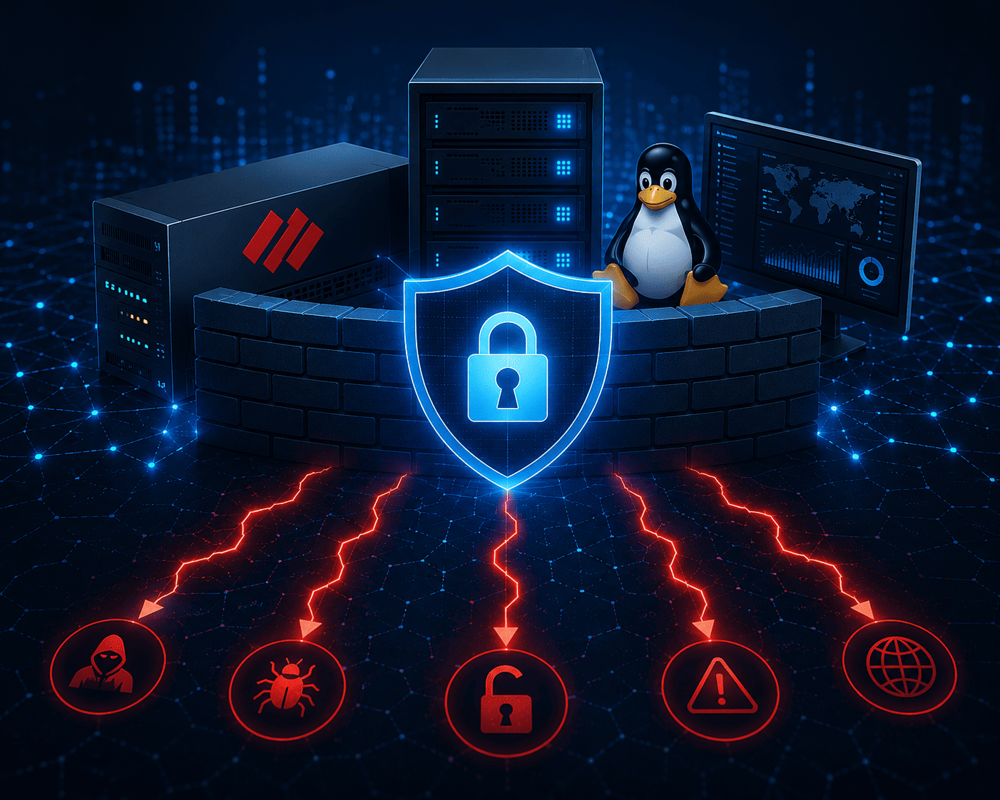 Cybersecurity illustration showing firewall, Linux server, and threat detection protecting enterprise infrastructure from cyber attacks