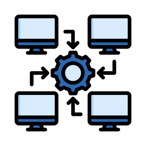 IT infrastructure management icon showing connected computers and centralized system control for enterprise network operations.