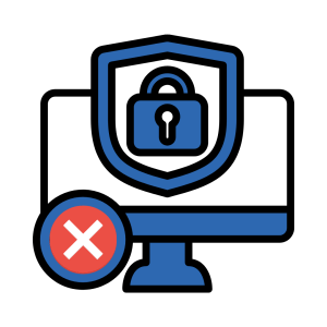 Cybersecurity icon showing shield, lock, and blocked computer access, representing endpoint protection and threat prevention.