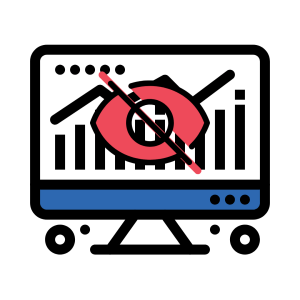 Cybersecurity icon showing hidden analytics dashboard and blocked visibility, representing restricted access and data protection.