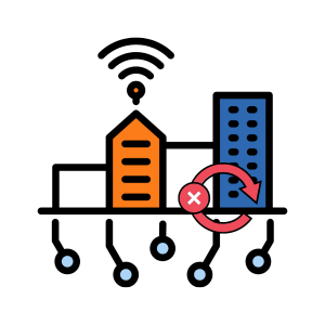 Business continuity icon showing buildings and recovery arrows, representing IT disaster recovery and system resilience.
