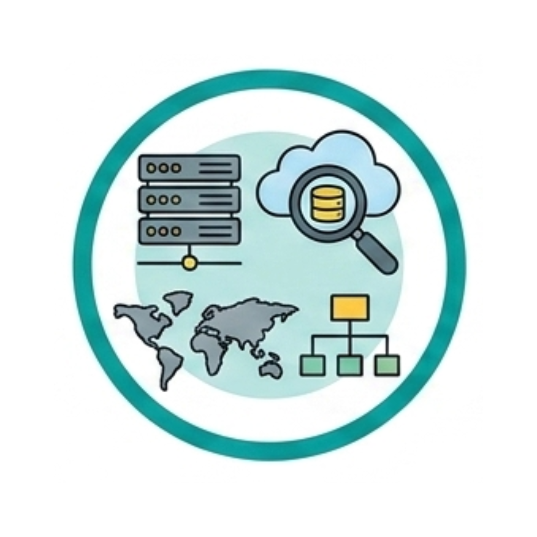 Cloud infrastructure, data management, and enterprise network architecture icon representing modern cloud computing solutions.