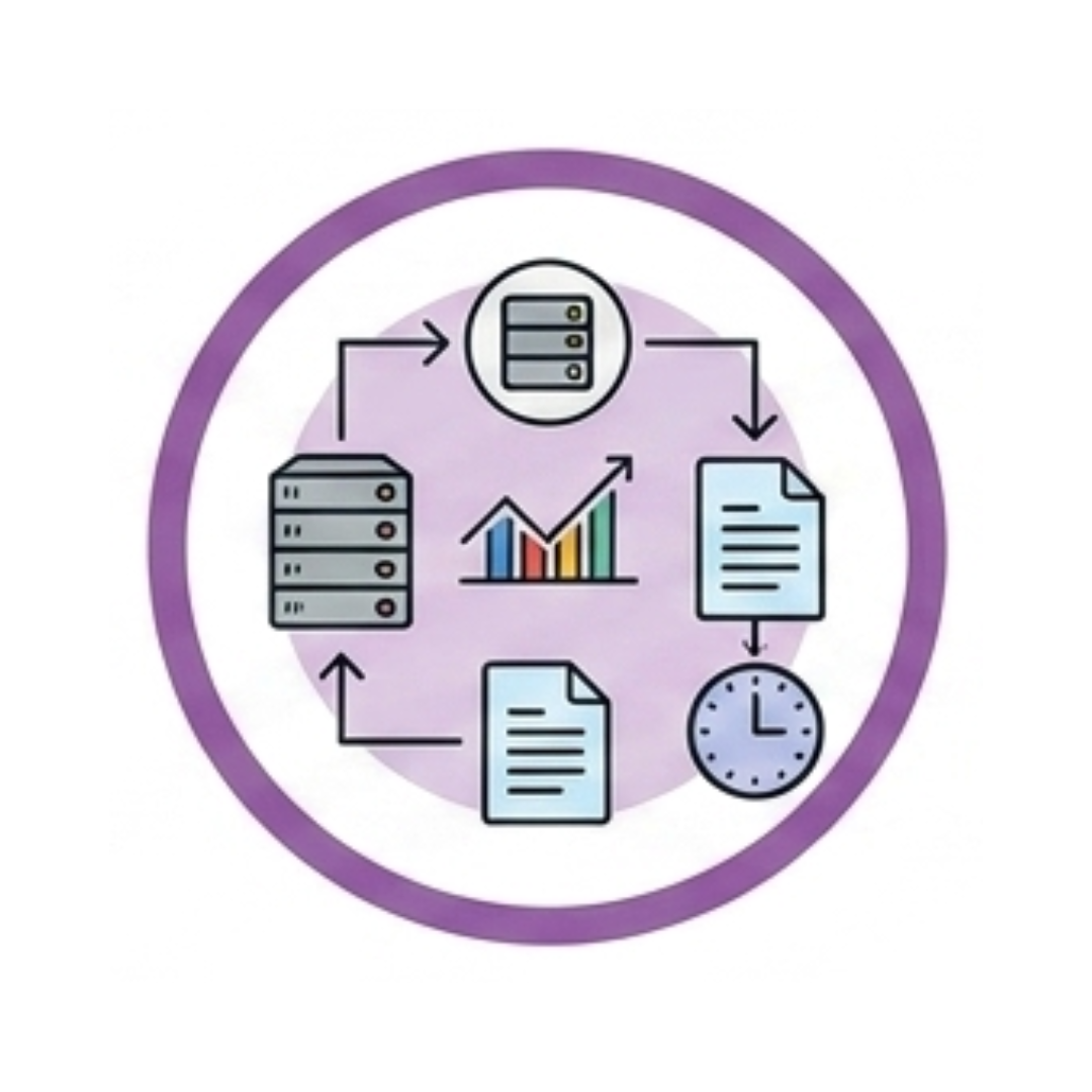 Icon illustrating data migration, system integration, workflow automation, and IT infrastructure transition for business operations.