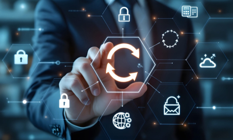 Business professional managing IT infrastructure refresh with secure cloud, cybersecurity, and system modernization solutions.