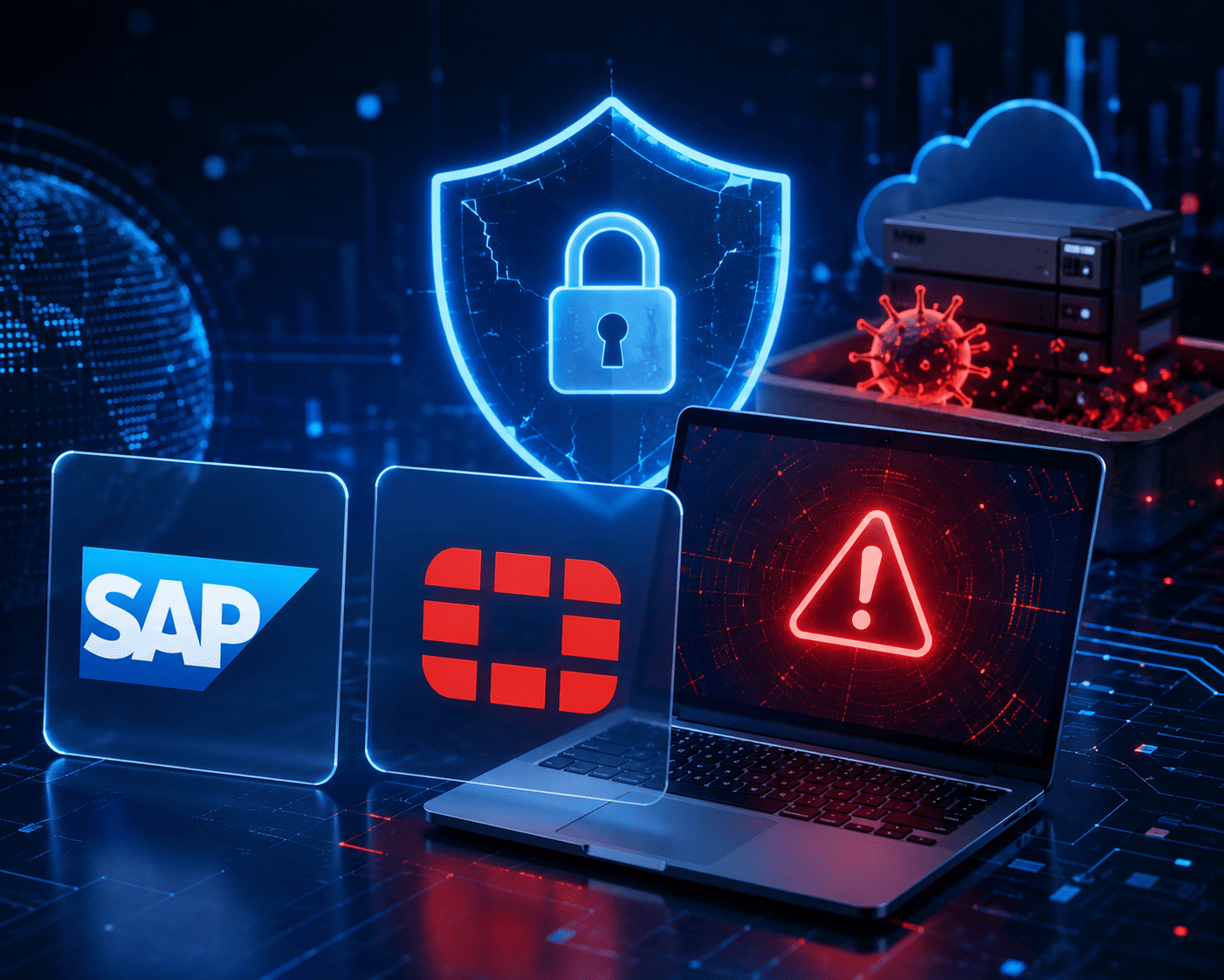 Cybersecurity illustration showing SAP and FortiSandbox vulnerabilities impacting enterprise applications and security systems.