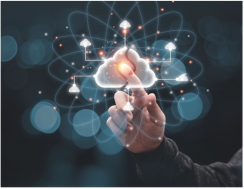 Cloud security illustration showing connected cloud services, secure access, and enterprise cloud monitoring