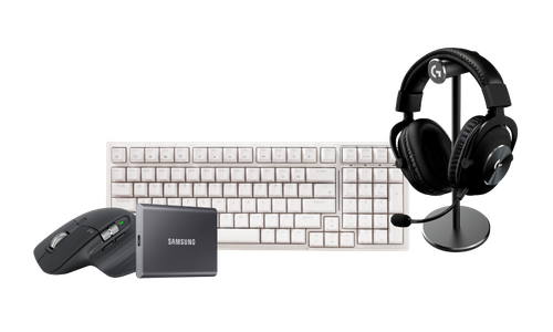 Business IT peripherals including keyboard, mouse, headset and SSD storage designed to enhance workplace productivity and collaboration.
