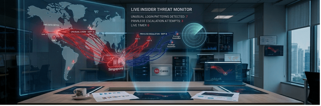 A cybersecurity dashboard tracking insider threats on a world map with alerts for unusual login patterns and privilege escalation in Singapore