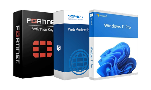 Business software licensing solutions featuring Microsoft Windows 11 Pro, Fortinet security software and Sophos web protection licenses.
