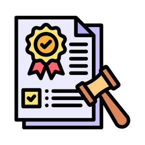 Compliance audit icon showing certified document and gavel, representing IT governance, regulatory compliance, and security audits