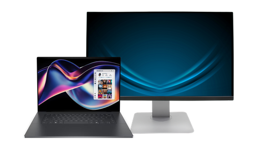 Business laptop connected to an external monitor, supporting hybrid work, productivity, collaboration, and enterprise computing needs.