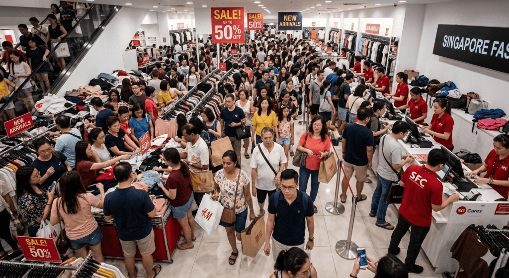 Crowded retail store in Singapore during a major sale event, with shoppers browsing products and queuing at checkout counters