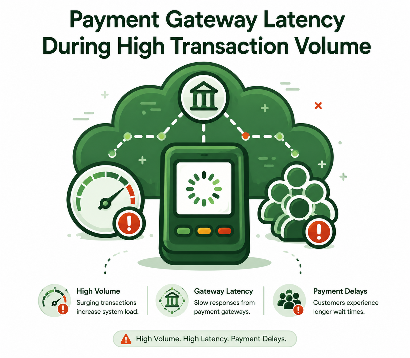 Illustration showing payment gateway latency caused by high transaction volumes, leading to slower payment processing and checkout delays