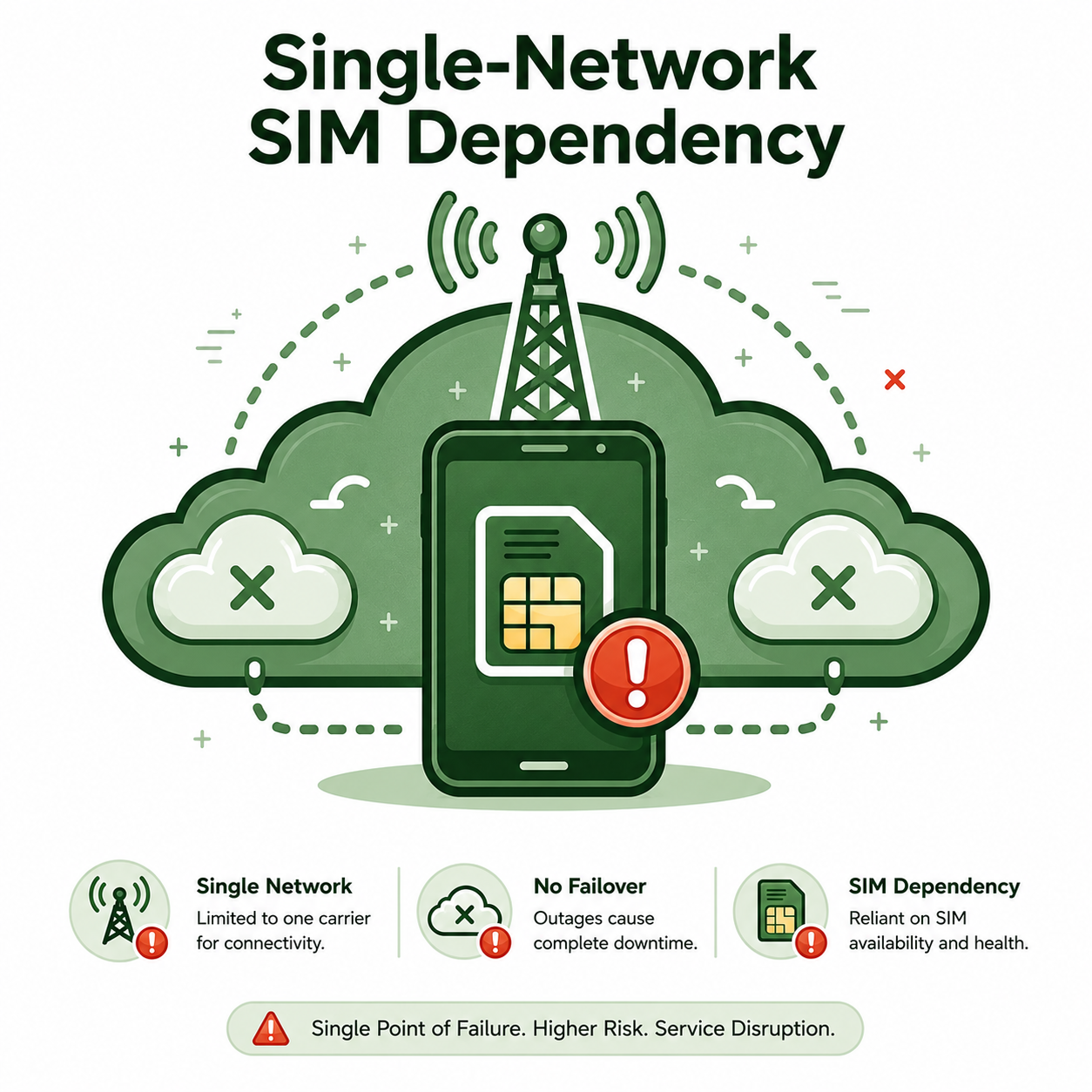 Illustration showing single-network SIM dependency, lack of failover, and connectivity outages causing payment terminal service disruptions