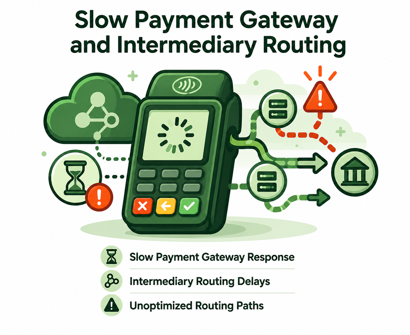 Illustration of a payment terminal experiencing slow payment gateway response and intermediary routing delays, causing longer transaction processing times