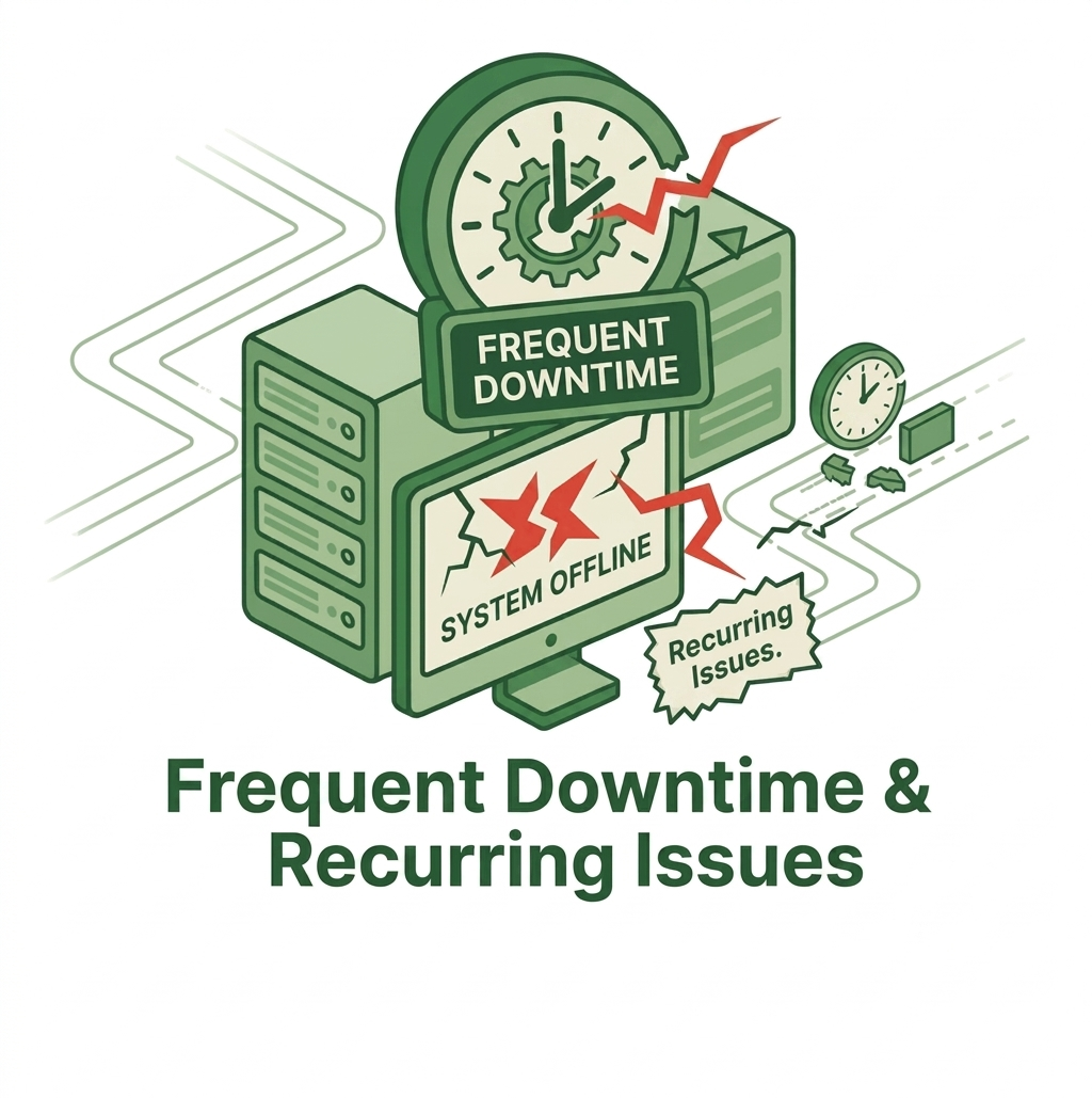 Illustration of frequent system downtime, server outages, and recurring IT infrastructure issues affecting business operations and productivity.