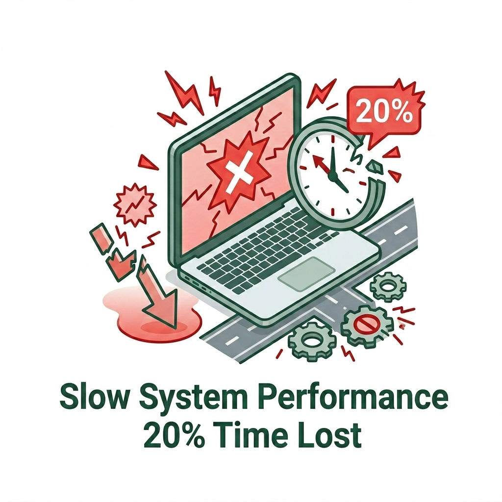 Illustration of slow computer performance causing downtime, productivity loss, and reduced business efficiency from outdated IT systems.