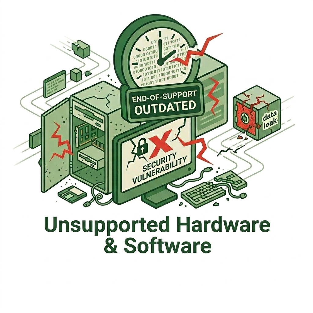 Illustration of unsupported hardware and software causing security vulnerabilities, data breach risks, and end-of-support IT challenges.