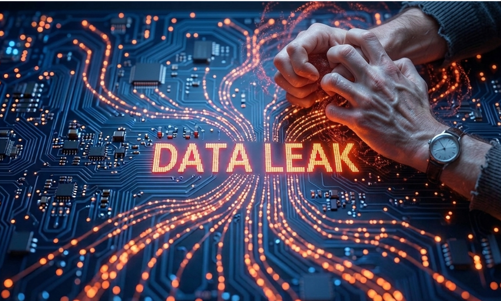 Digital illustration of a business data leak across a circuit board, highlighting cybersecurity risks, data breaches, and sensitive information exposure.