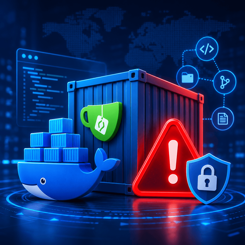 Docker shipping container with warning alert icon and security shield representing container vulnerability risk.