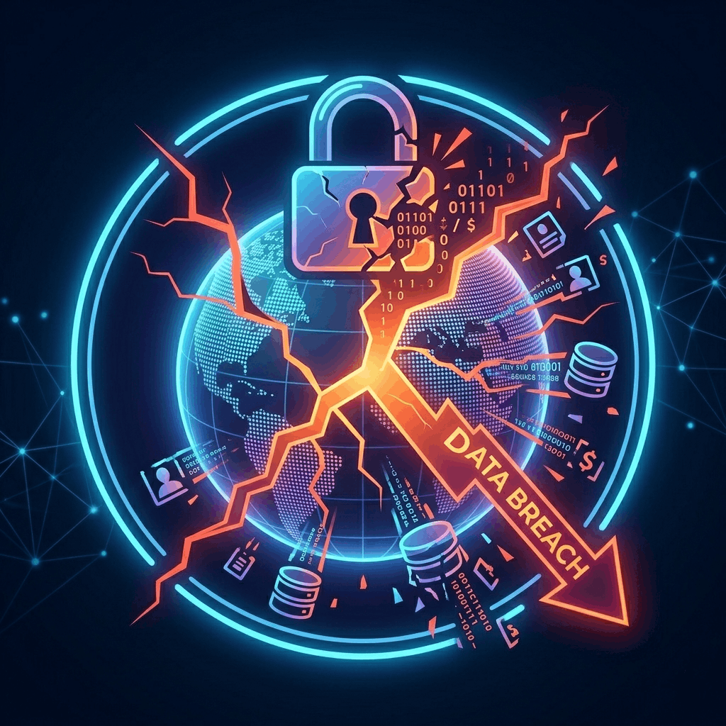 An icon of a shattered padlock and a cracked globe representing a global data breach.