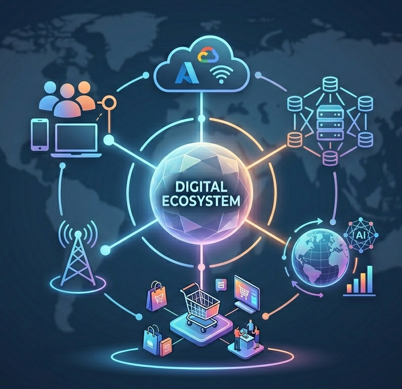 An infographic diagram mapping out the core components of a modern digital ecosystem.