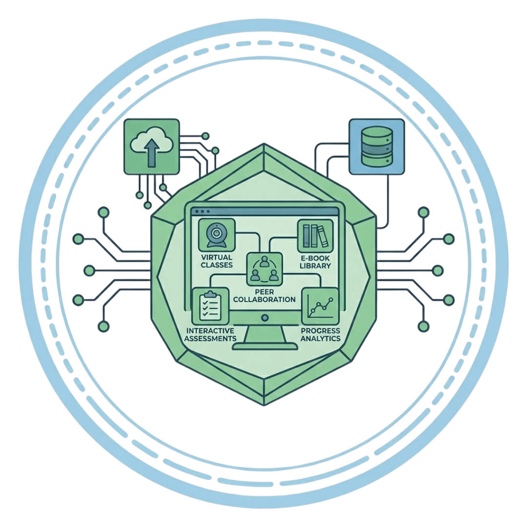 Icon showing the digital learning ecosystem with the different online education features.