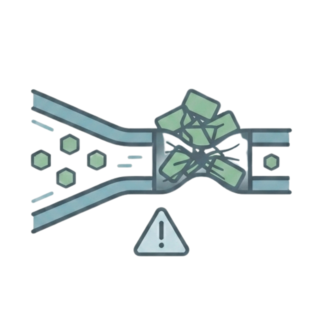 Icon showing data packets getting stuck in a network bottleneck, causing a traffic jam and errors.