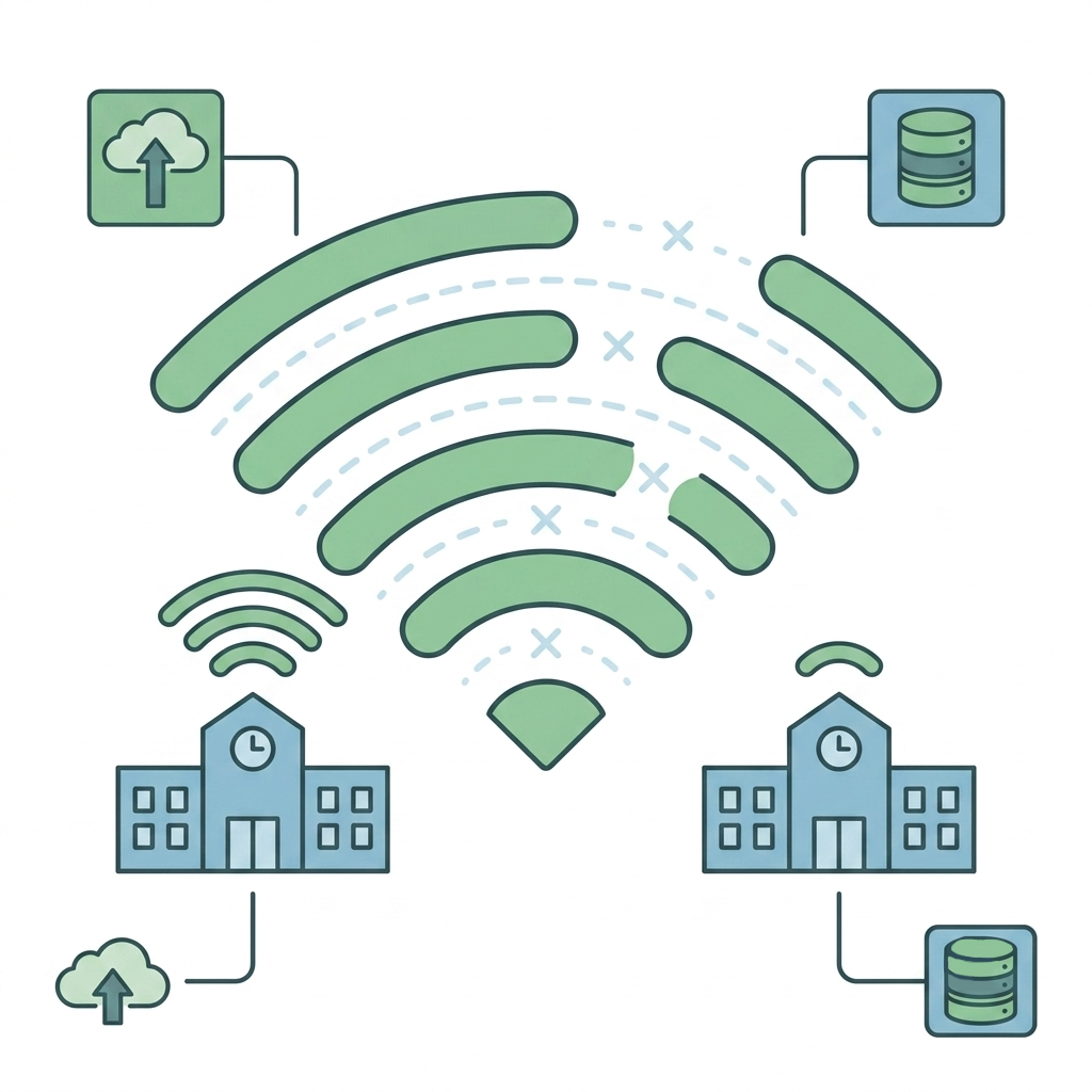 Icon representing inconsistent Wi-Fi network coverage across a school campus.