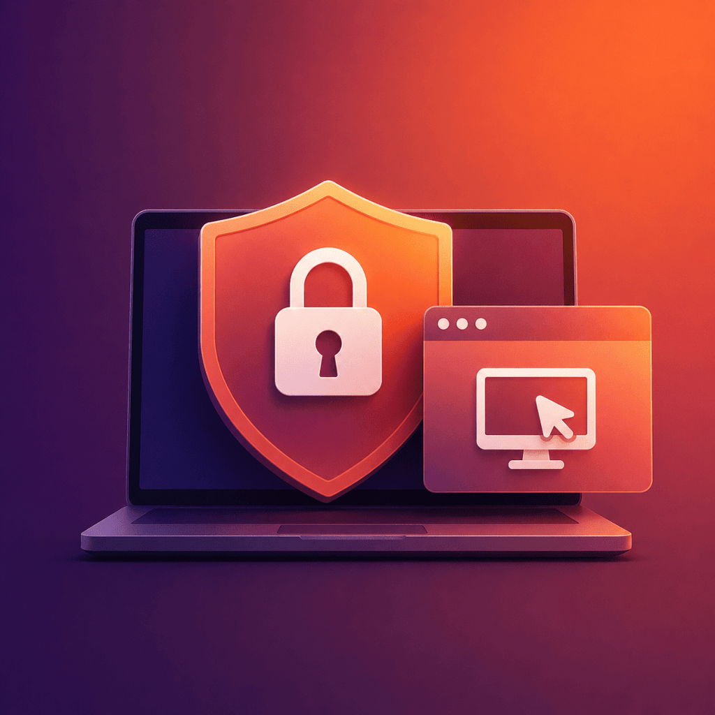 Laptop with security shield, padlock, and remote access window icon representing remote access protection.
