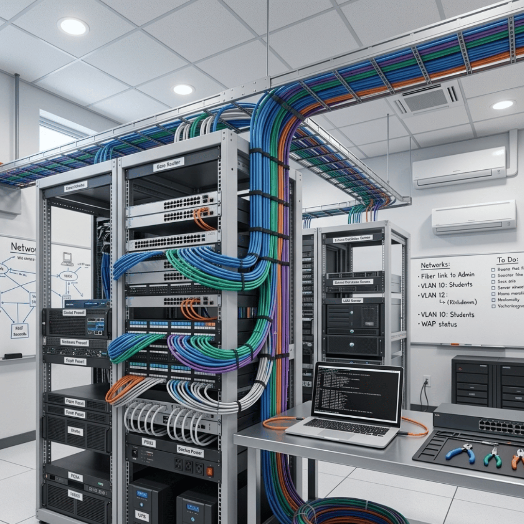 A well-organised school server racks with neatly bundled ethernet cables, a laptop, and whiteboards in an IT room.