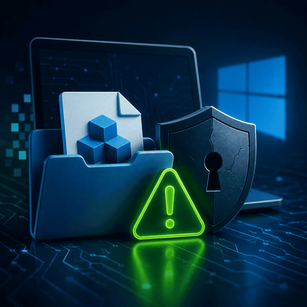 Cracked security shield with file folder and warning alert icon representing Windows system vulnerability risk.