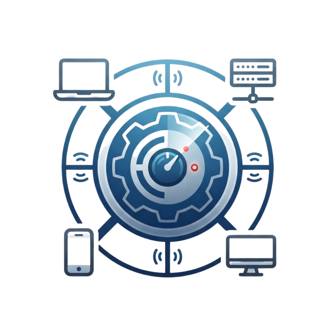 An icon showing a central gear and radar dial connected to a laptop, server, smartphone, and desktop computer.