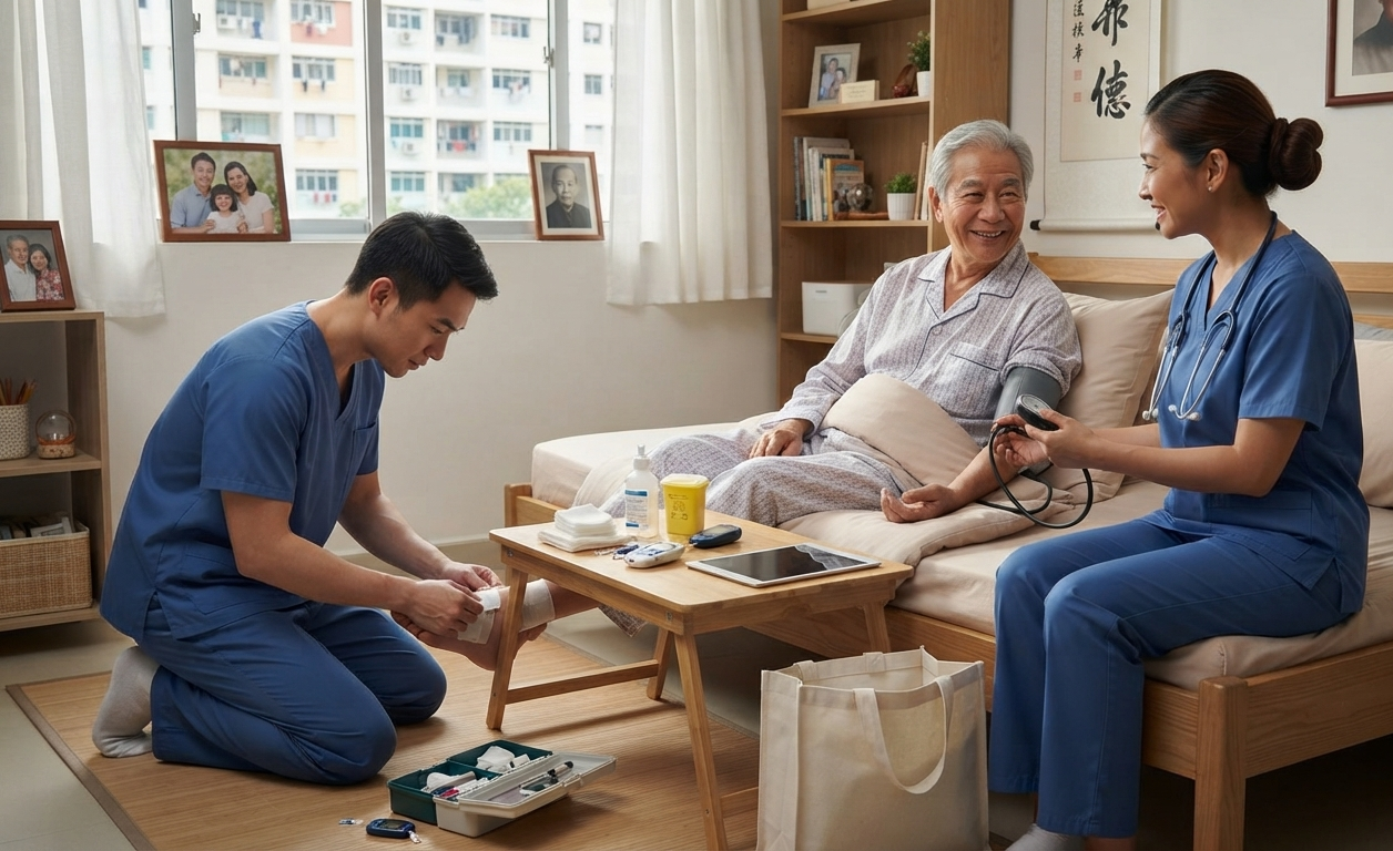 Two home care nurses providing medical care to an elderly man in his house by checking his blood pressure and tending to his foot.
