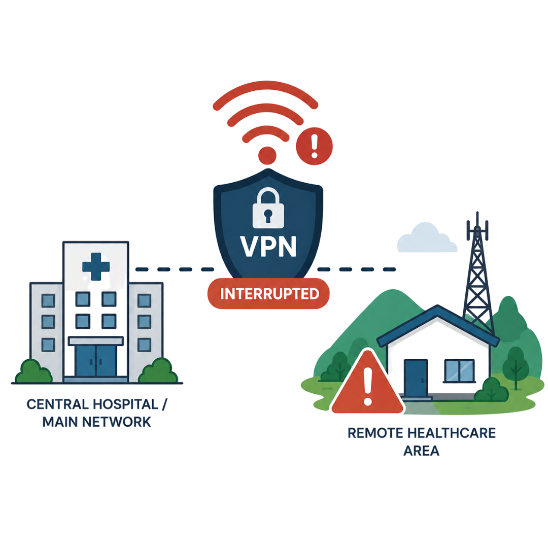 Visual of interrupted VPN connectivity between a hospital and a remote healthcare facility.