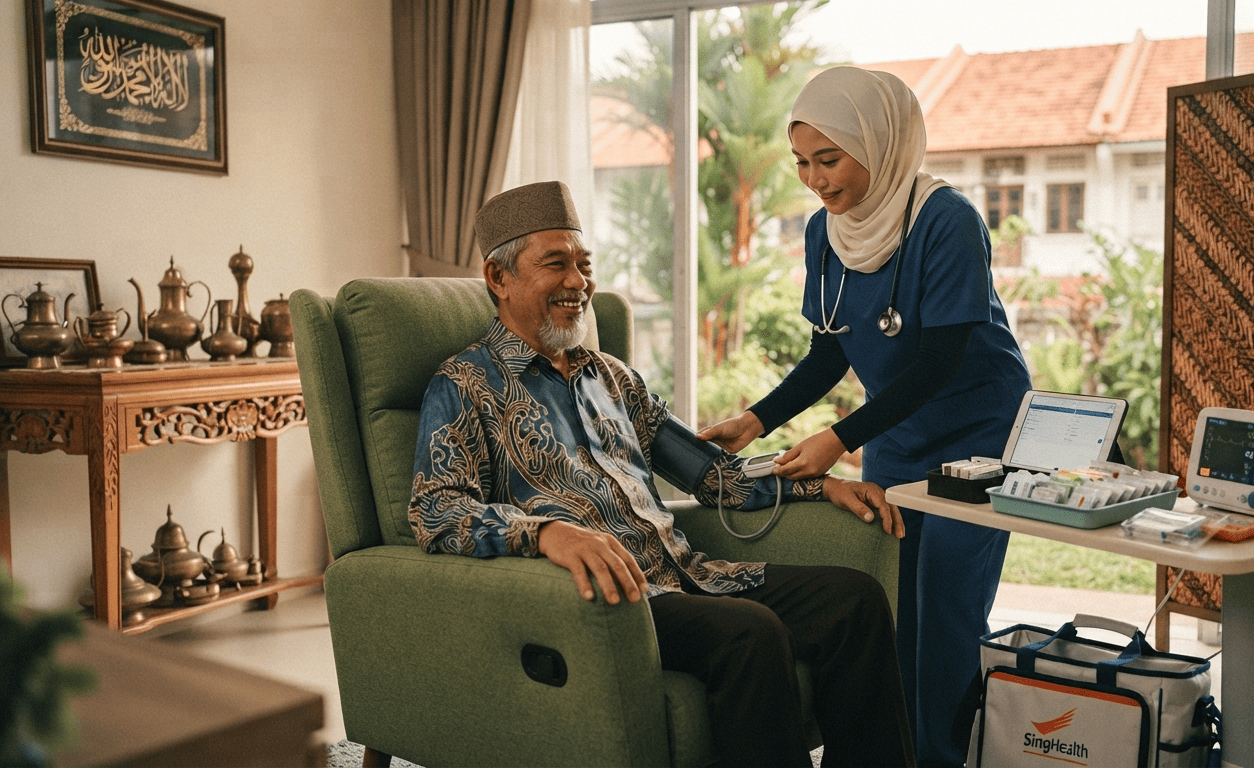 A nurse taking the blood pressure of an elderly man in his home, with medical equipment.