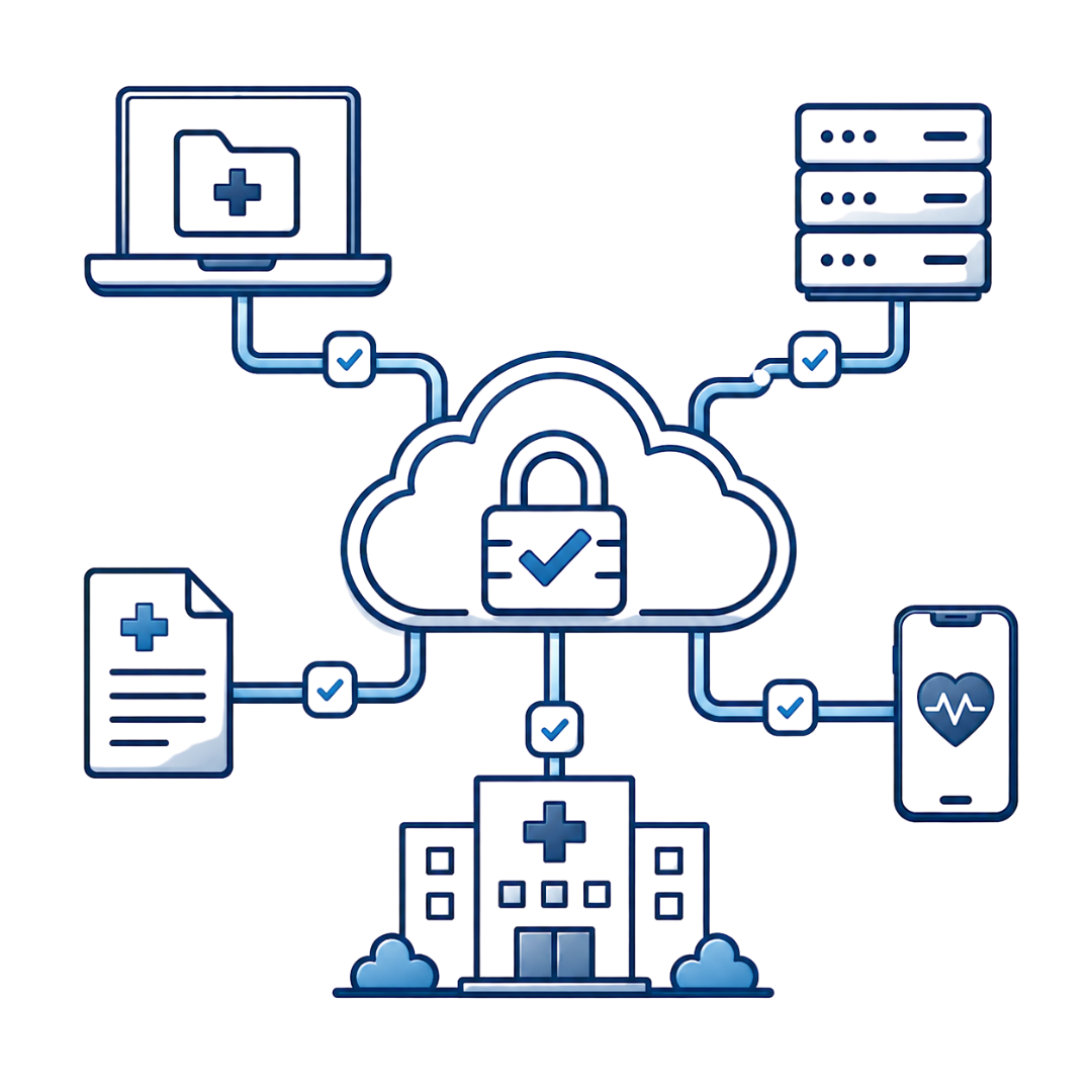 Healthcare cloud network icon portraying seamless, secure access to hospital resources from connected devices and systems.