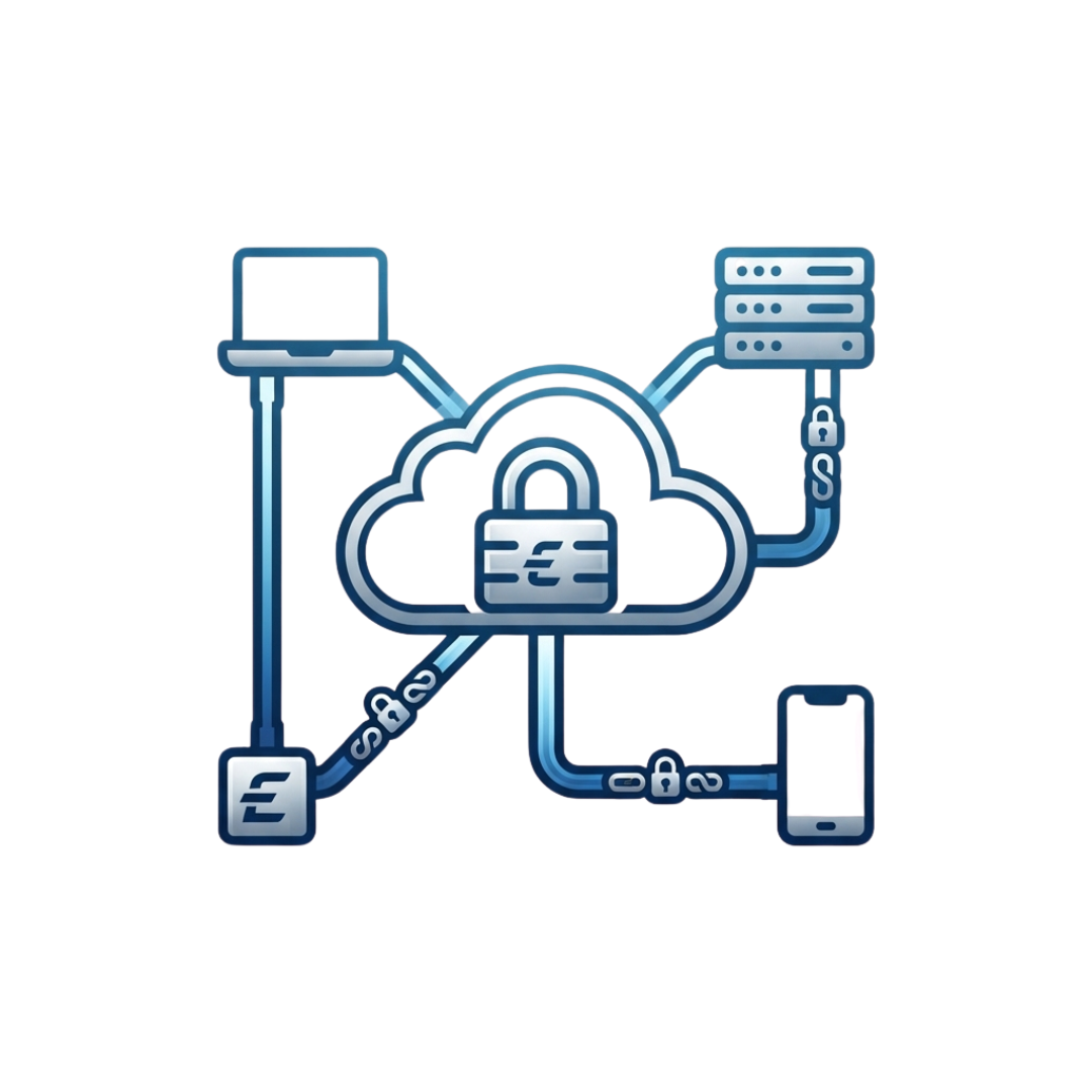 An icon showing a central cloud with a padlock connected to a laptop, server rack, smartphone, and block via secure lines.