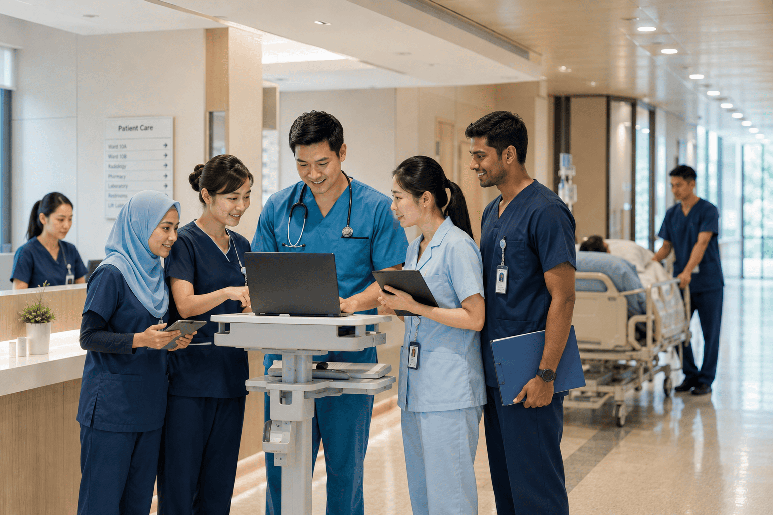 Healthcare staff collaborating in a hospital corridor, representing connected and efficient patient care.