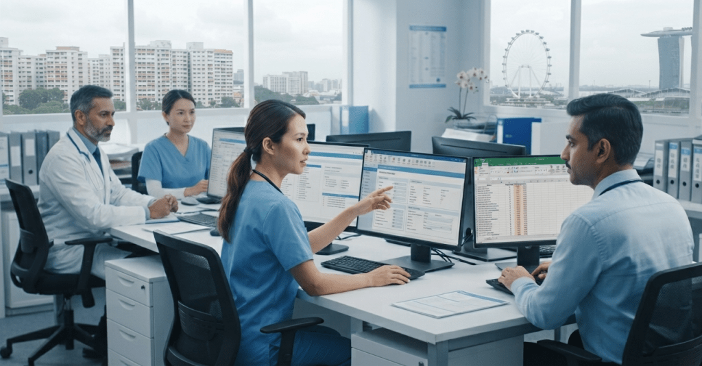 Asian healthcare professionals collaborating on administrative work in a modern Singapore hospital office.