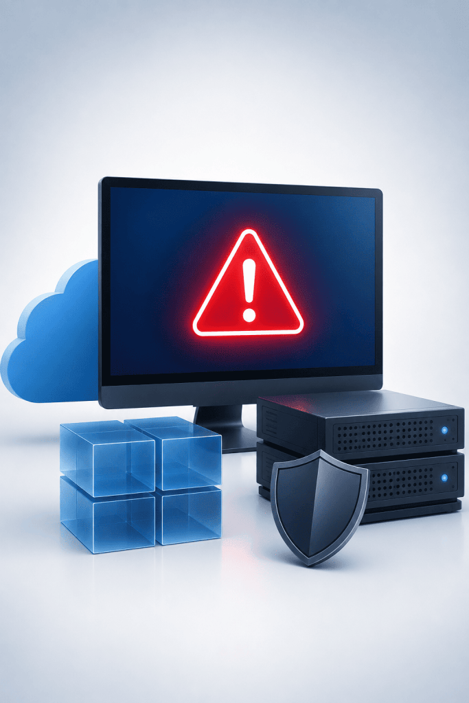 Business IT infrastructure with security alert, cloud, servers and shield representing cybersecurity risks and system protection.