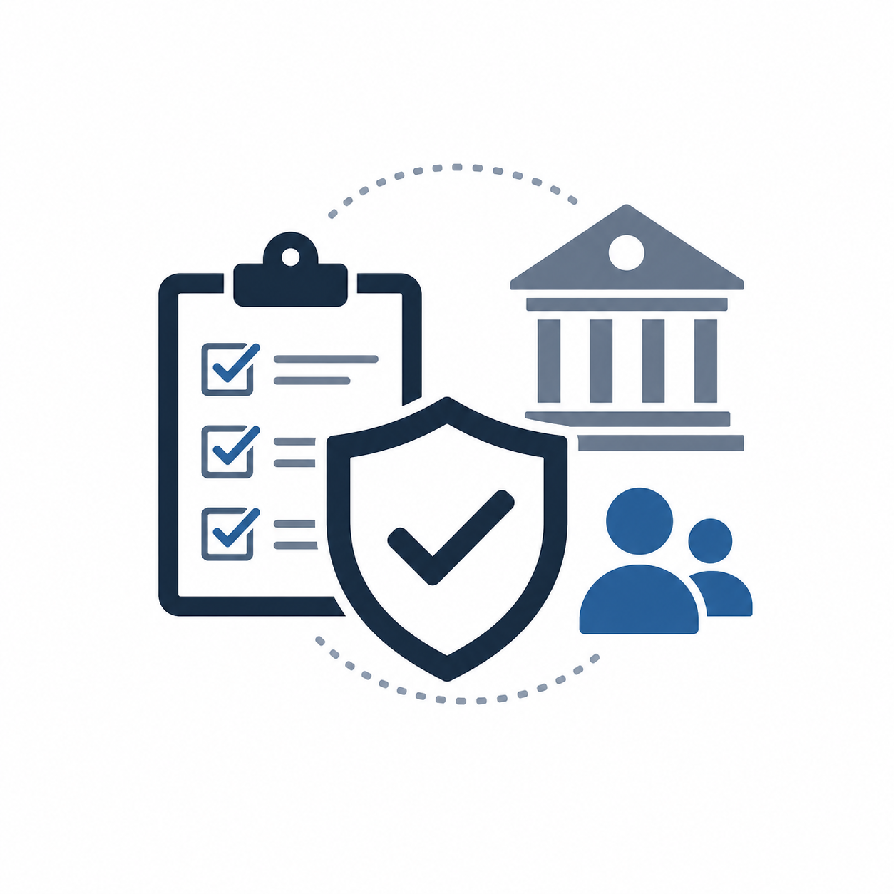 Compliance shield with a checklist, regulator building, and users representing cloud security and customer trust.