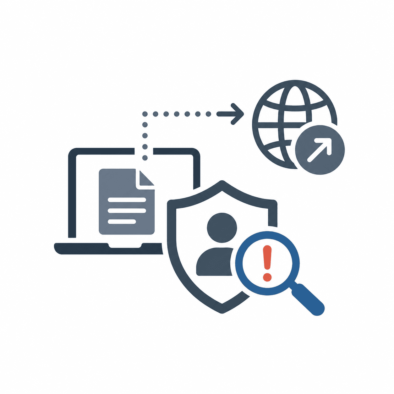 Laptop with outbound data monitoring and a security shield representing potential data exfiltration detection.