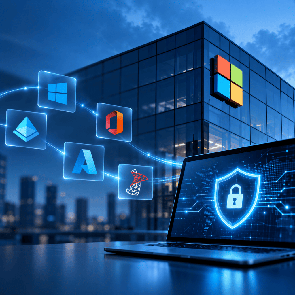 Microsoft 365, Azure, Windows, Entra ID, and SQL Server services connected within a secure cloud infrastructure, highlighting enterprise cybersecurity and data protection.