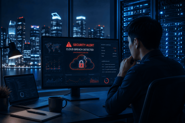 IT staff monitoring a cloud breach alert on his monitor in a server room.