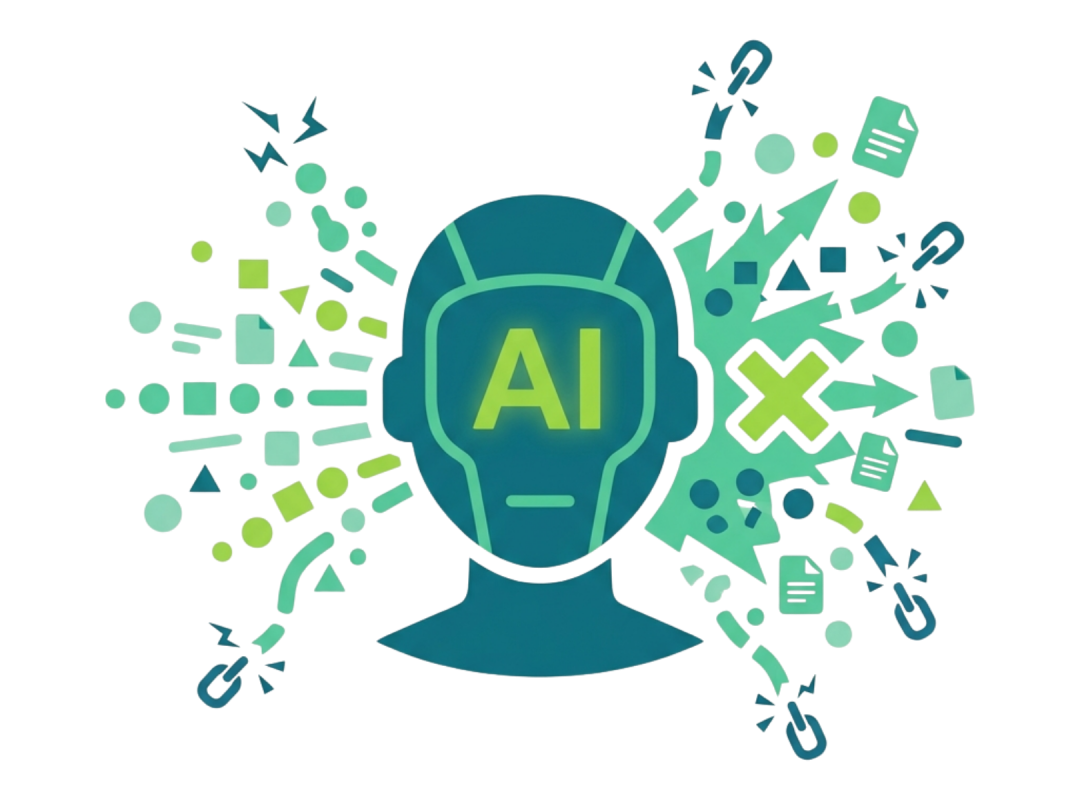 Icon showing an AI robot head surrounded by scattered data particles and document icon.