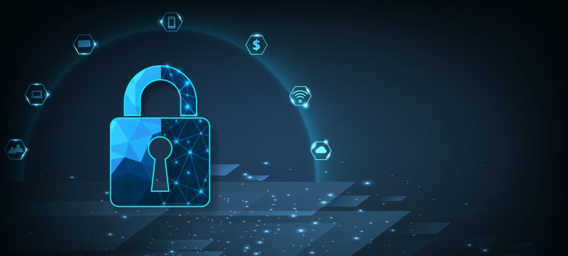 High speed Data Protection.Padlock lock icon digital display over on dark blue background.Technology speed for online data access defense against hacker and virus.Internet security concept.